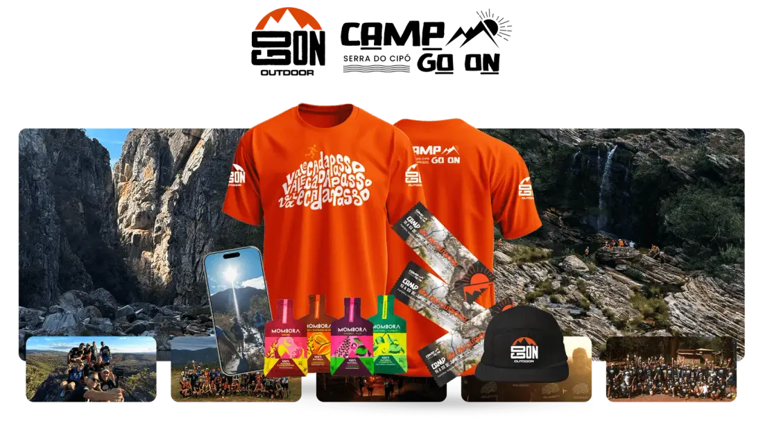 Camp Go On Serra do Cipó: logos Go On Outdoor + Camp, camiseta exclusiva, géis Mombora, boné, ingressos e atletas nas trilhas